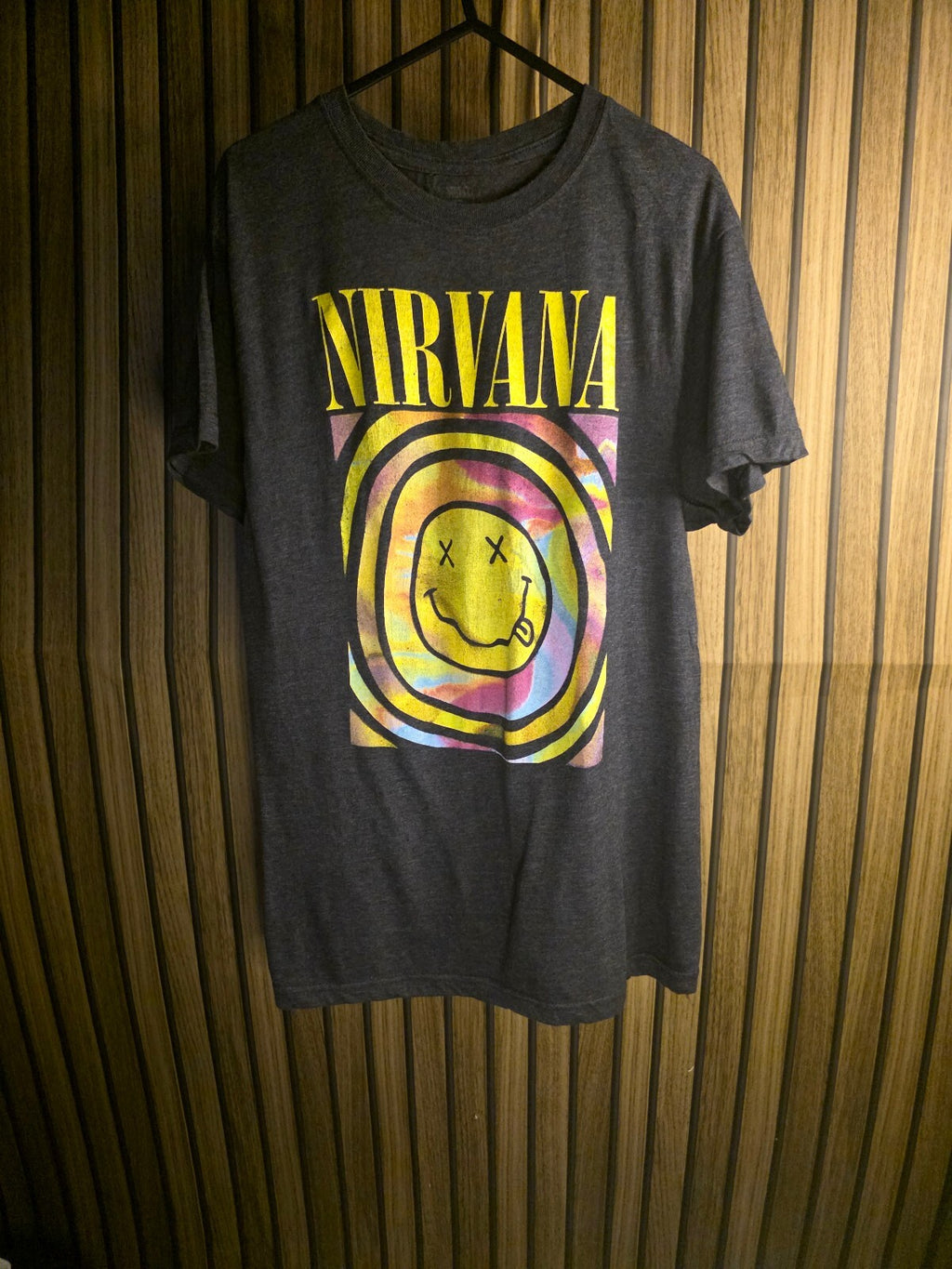 Nirvana Smiley Face Graphic T-Shirt Tie-Dye Print Charcoal Grey Medium