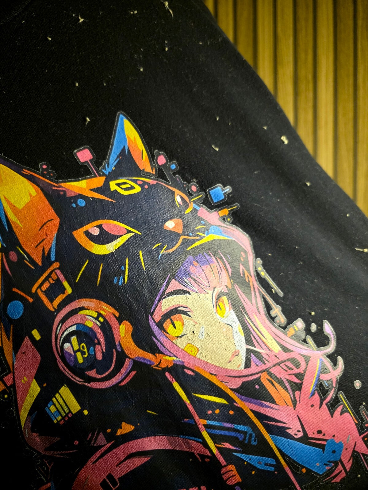 Black Graphic Anime Girl Cat Hoodie T-Shirt Size S