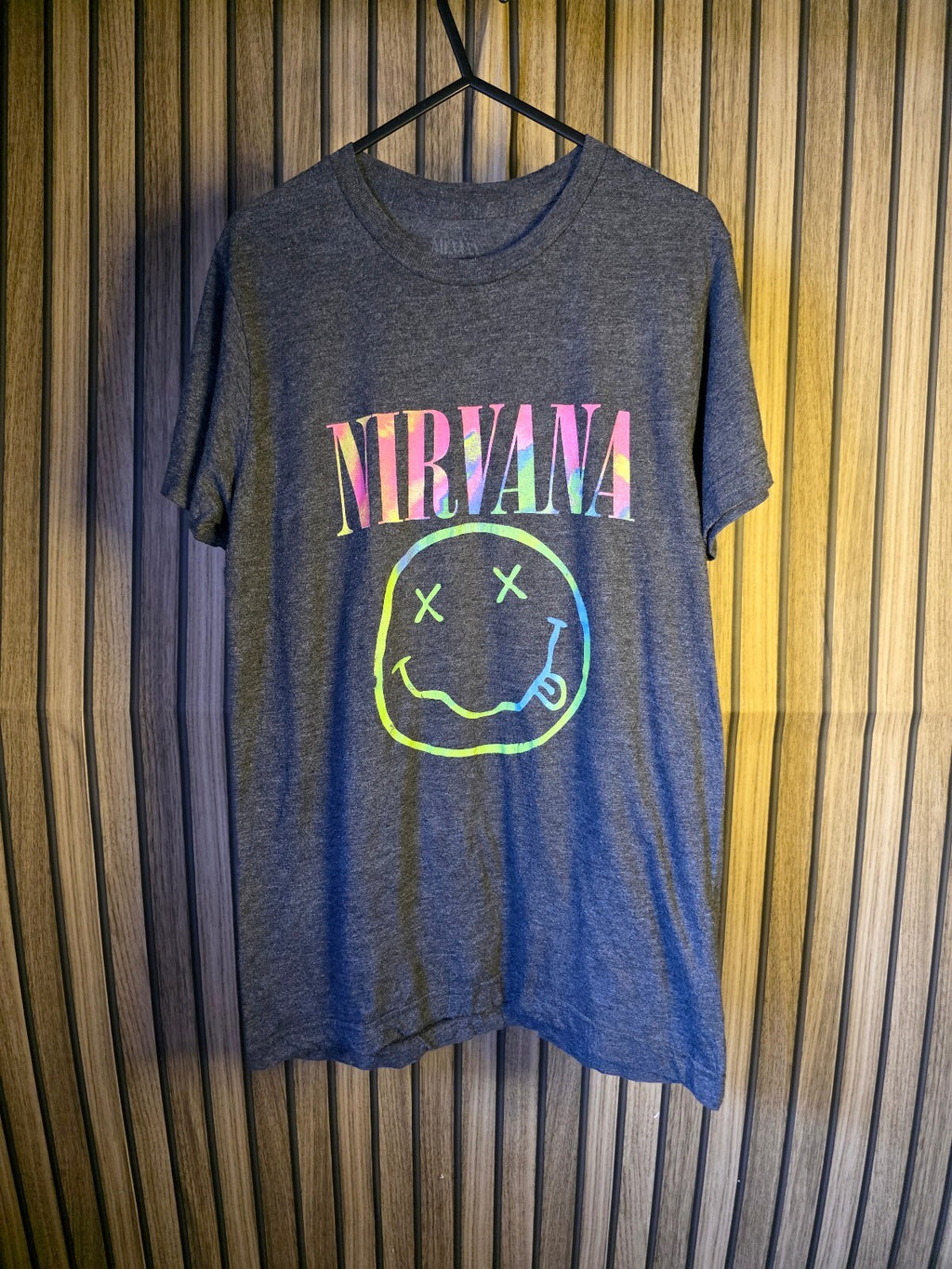 Nirvana Band T-Shirt Smiley Face Multicolour Print Grey Medium