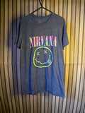 Nirvana Band T-Shirt Smiley Face Multicolour Print Grey Medium