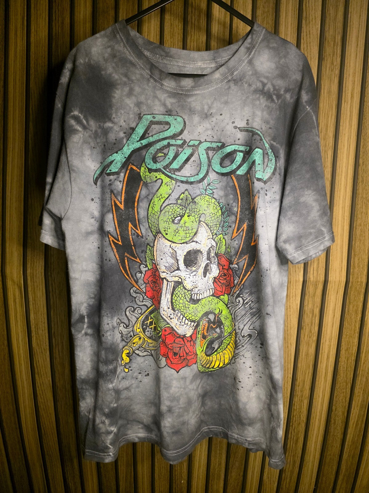 Poison Band Graphic T-Shirt Skull Snake Roses Grey Tie-Dye Size M