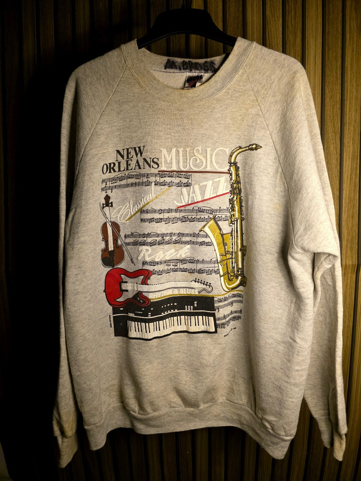 1988 Vintage Jerzees New Orleans Music Jazz Graphic Sweatshirt Beige XL