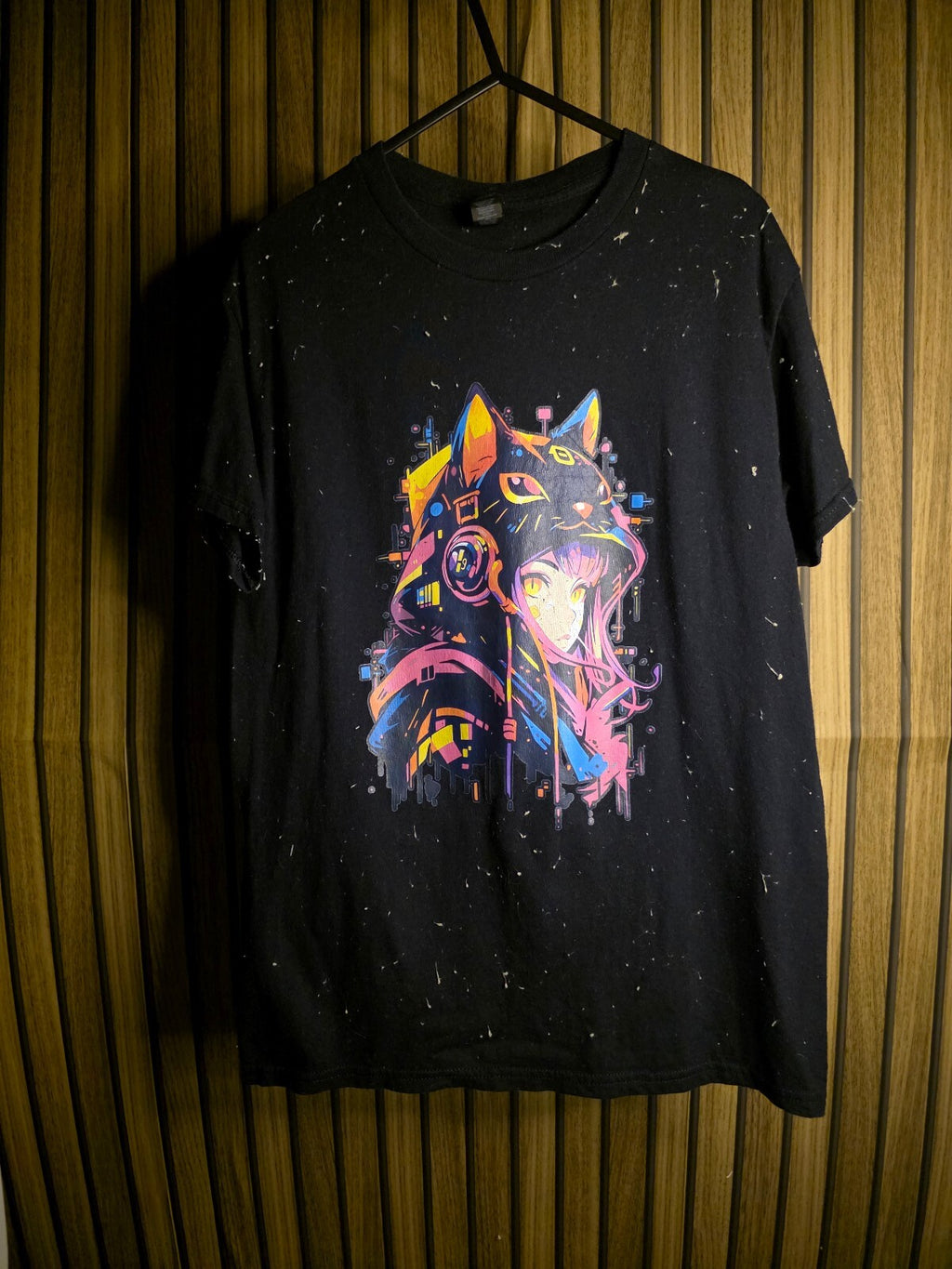 Black Graphic Anime Girl Cat Hoodie T-Shirt Size S