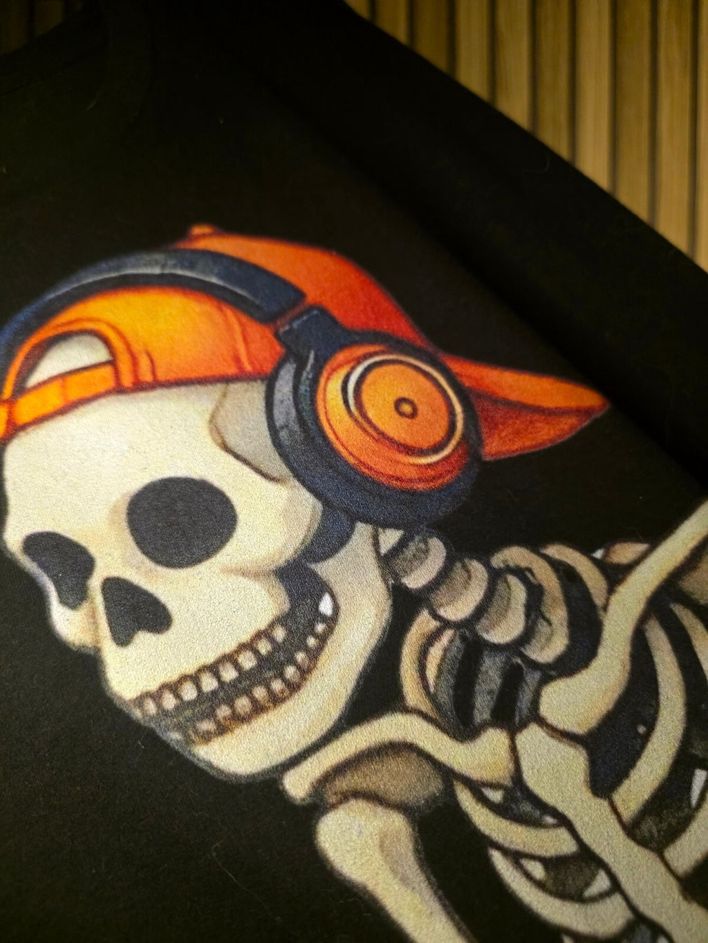 Black Graphic T-Shirt Skeleton with Headphones and Game Controller Orange Accent